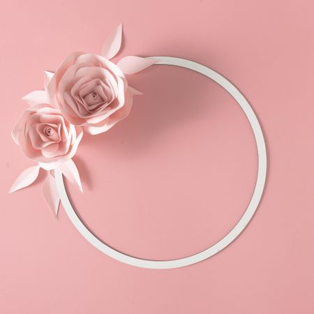 Paper rose flower, leaves and petals with circle frame on pink background