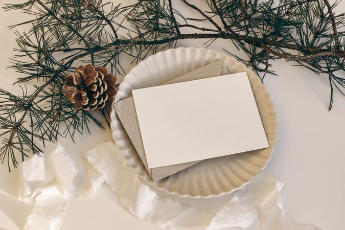 Blank horizontal greeting card, invitation mockup on ridged plate in sunlight with pine cone & branches