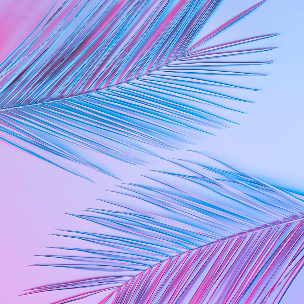 Tropical palm leaves in vibrant gradient holographic colors