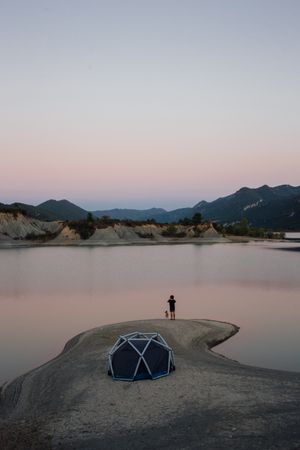 Man and dog looking over lake with tent