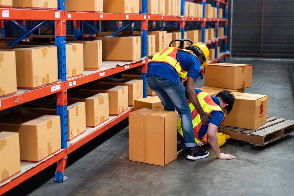 Fallen man helped up by colleague in shipping center