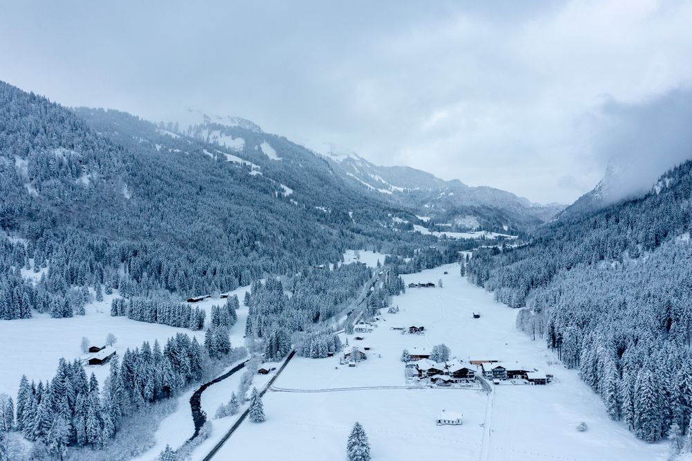 Winter scenery, drone image with snowy valley in the Bavarian Alps, Germany