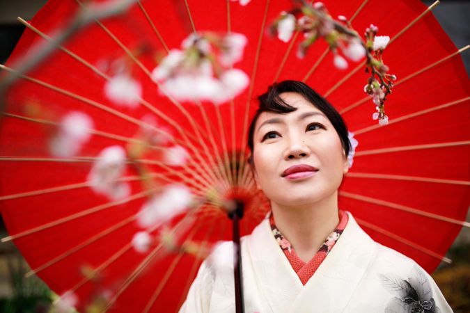Portrait of Japanese woman in kimono holding umbrella