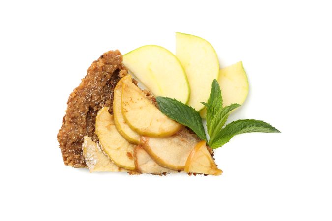Piece of tasty apple pie isolated on neutral background. Homemade food