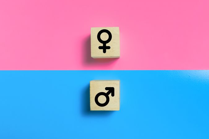 male and female symbols on wooden blocks