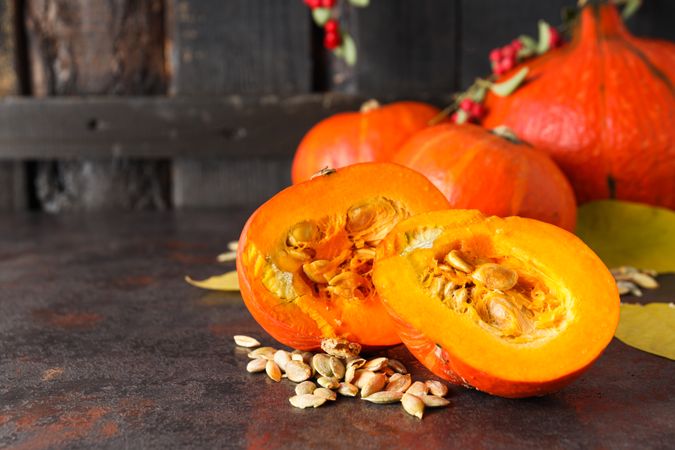 Cooking ingredients for fall season - pumpkin seeds, pumpkin