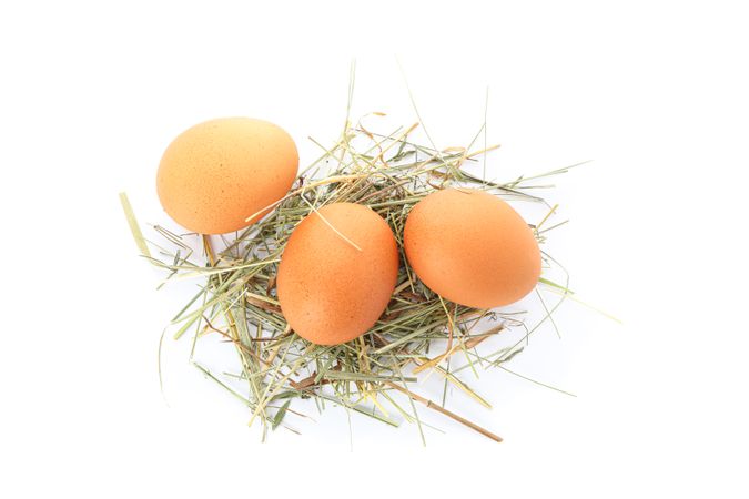 Brown chicken eggs on straw isolated on plain background, top view