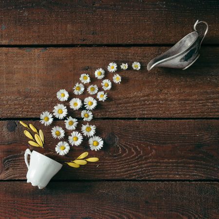 Coffee cup with creamer pouring daisies on wooden background