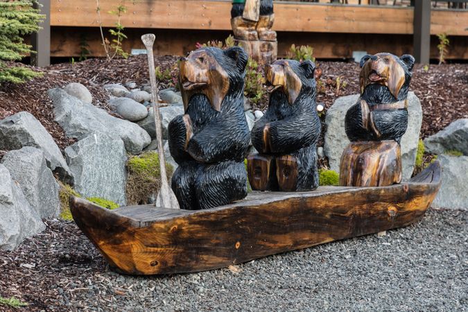 Three carved, wooden bears in Sequim, Washington