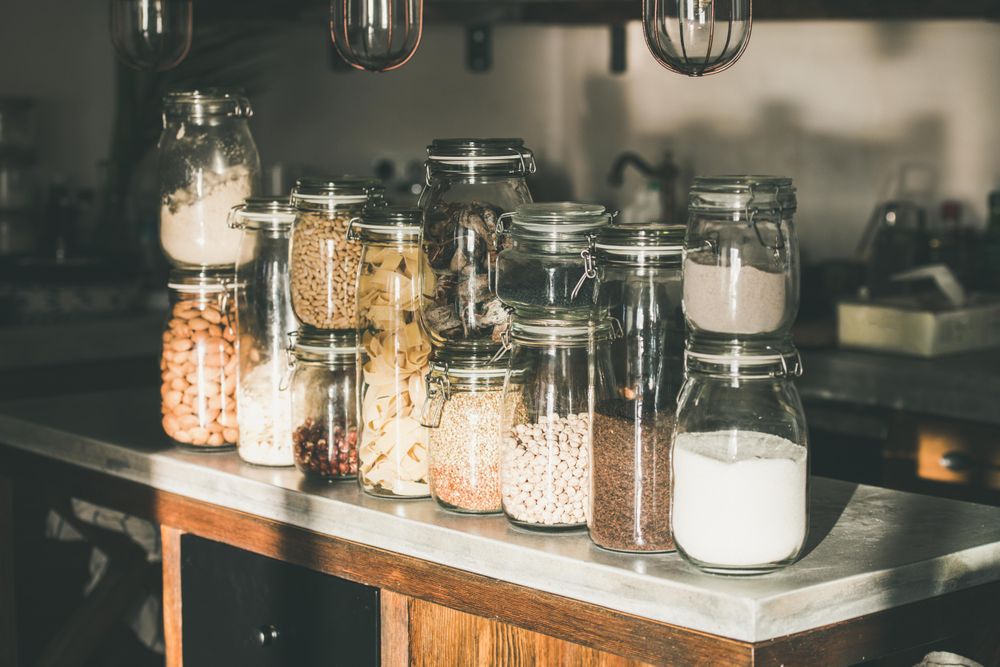Rustic kitchen food storage arrangement, on counter