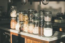 Rustic kitchen food storage arrangement, on counter