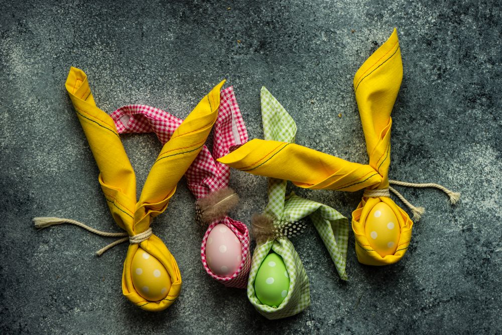 Top view of decorative pastel Easter eggs