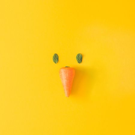 Easter chick face made of natural green leaves and carrot on yellow background
