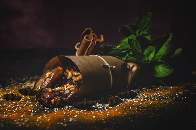 Dates fruits with walnuts, mint and cinnamon for Ramadan