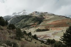 Wonderful valley with trees and high hills in cloudy weather