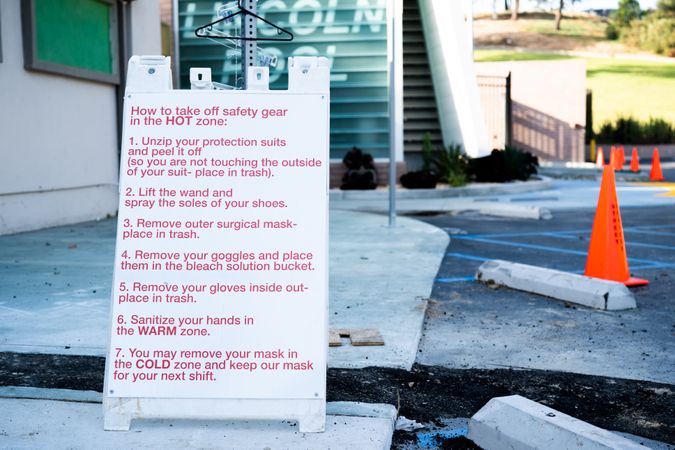 Wide view of sign with instructions for Covid test workers on how to remove PPE