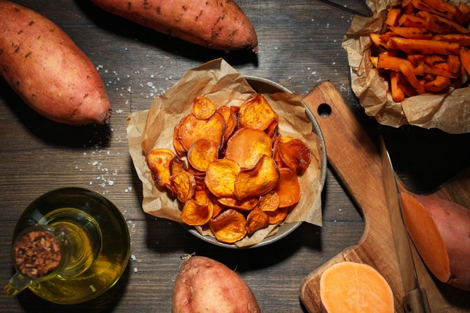 Concept of tasty food, fried sweet potato, top view