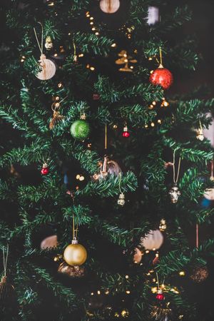 Assortment of festive decorations, red, gold, green hanging on tree, vertical composition