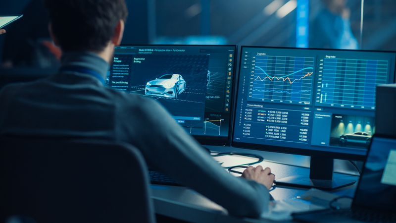 Professional Automotive Graphic Designer is Working on 3D CAD Software Rendering Electric Concept Car and Calculating its Efficiency in a High Tech Innovative Laboratory with a Prototype.