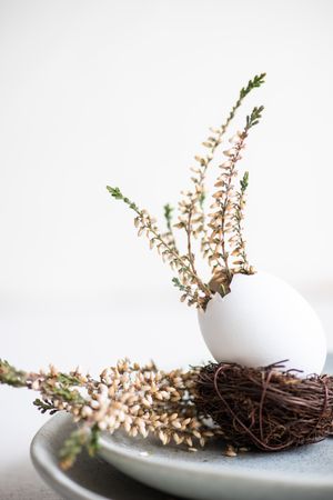 Side view of Easter table setting with decorative nest & egg, with heather on plates