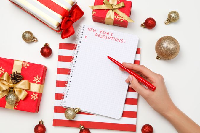 Concept of New Year Resolutions list, new year goals, top view