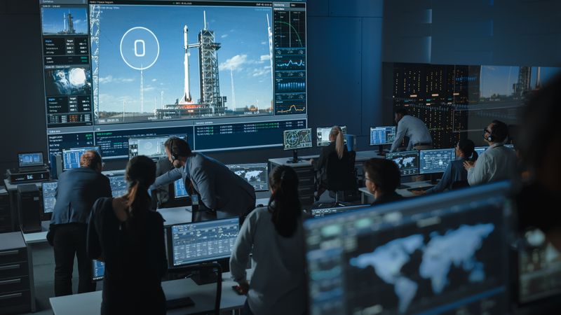 Space Agency Control Room Monitors Rocket Launch. Diverse Team Analyzes Data on Multiple Screens. Large Display Shows Spacecraft on Launchpad With Countdown Timer.
