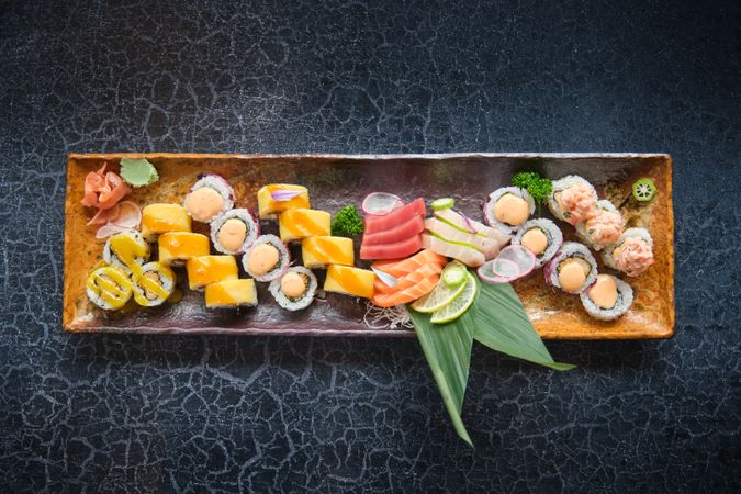 Tray with beautifully presented sushi pieces