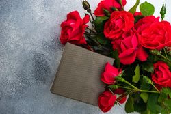 Top view of red roses with small gift box