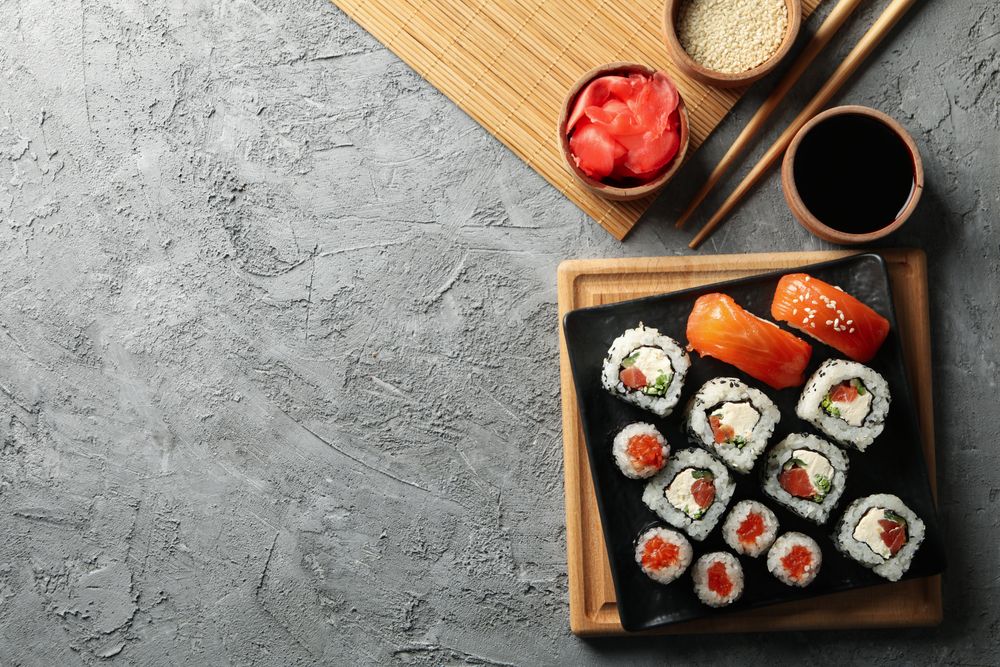 Composition with delicious sushi rolls. Japanese food