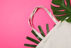 Eco bag and palm leaves on color background, copy space