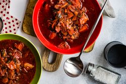 Bowls of traditional Ukrainian beetroot soup borscht