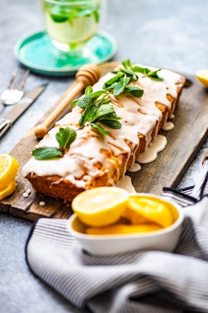 Fresh baked lemon cake dessert on cutting board