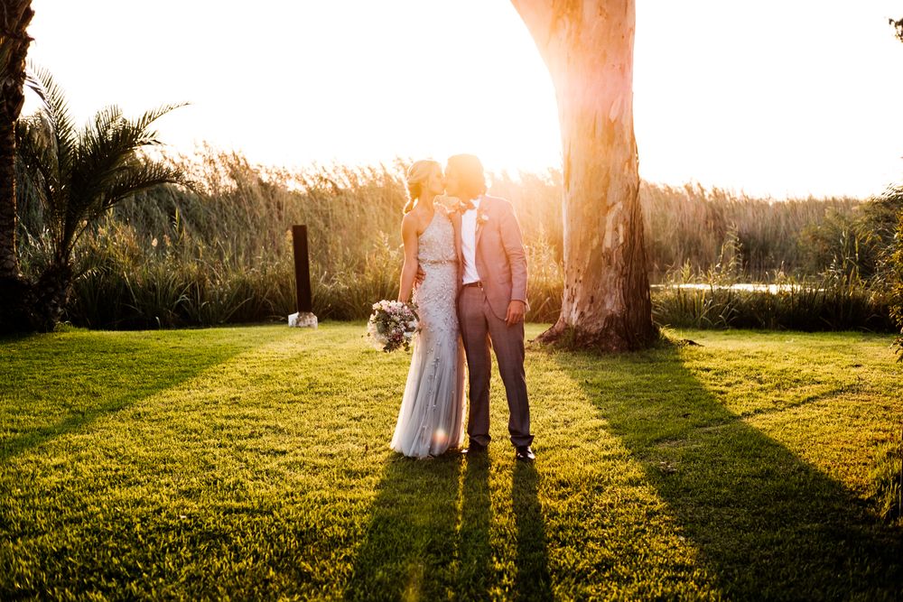 Happy newly wedded couple delighting in event at nature