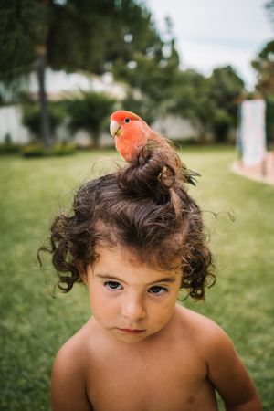 young girl with parrot on her head