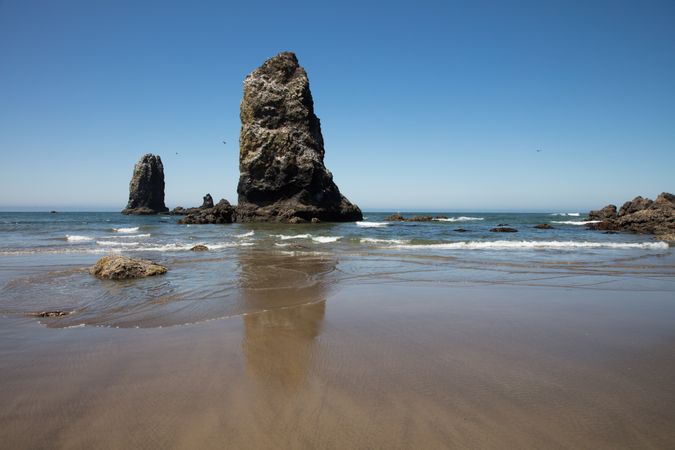 Tidal rock columns known as "sea stacks," off Cannon Beach, Oregon