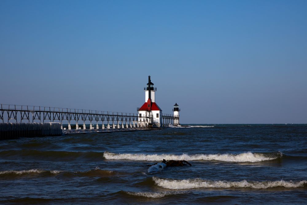A view of neighboring lighthouses on Lake Michigan in St. Joseph, Michigan