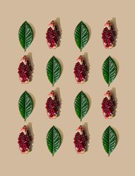 Pattern of green leaves and pomegranate slices on pastel sand background