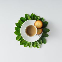 Morning coffee and green leaves in flower shape on light background