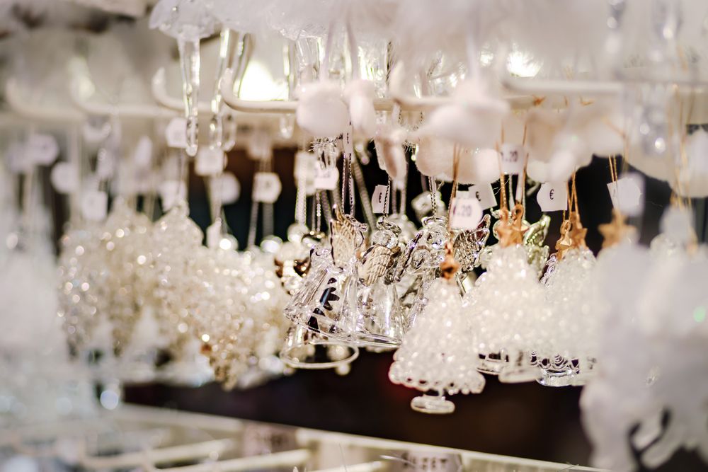 Traditional Christmas market with glass ornaments, Strasbourg, Alsace, France