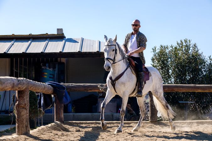 Man riding horse on sandy ground