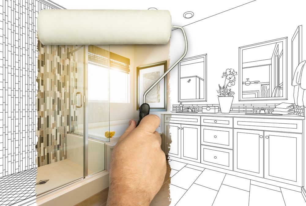 Before and After of Man Painting Roller to Reveal Newly Remodeled Master Bathroom Under Pencil Drawing Plans.