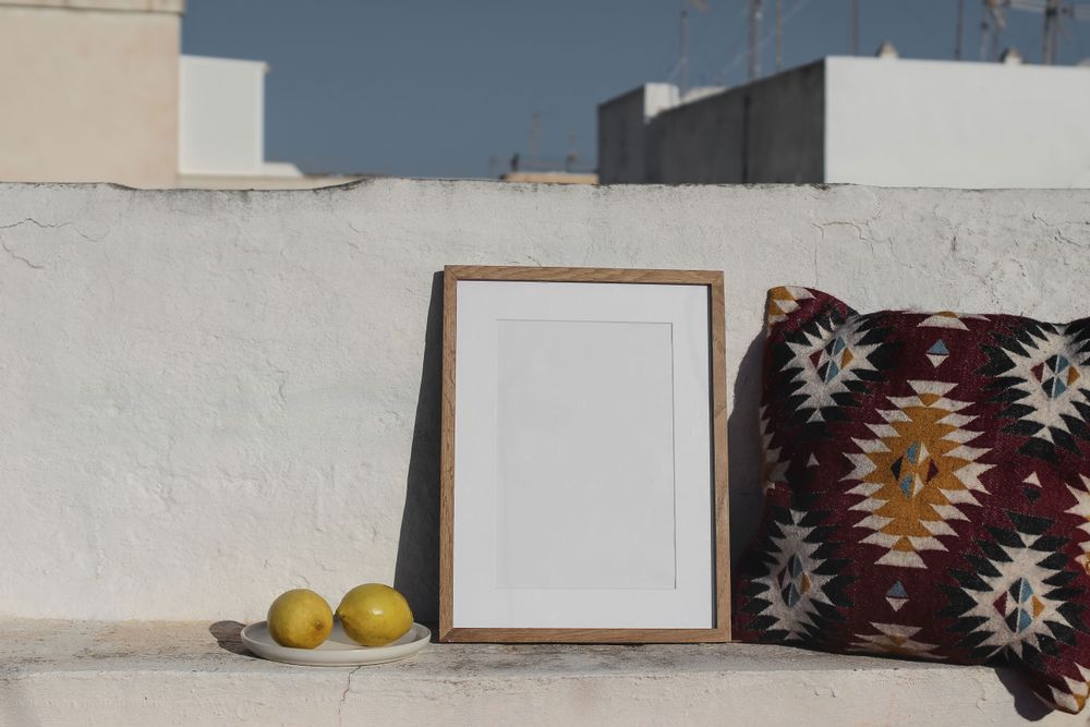 Blank vertical wooden frame picture mock up with fresh lemon fruit