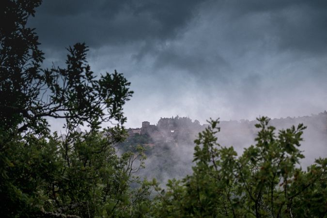 Shot of castle in the distance with low clouds and bushes in the foreground