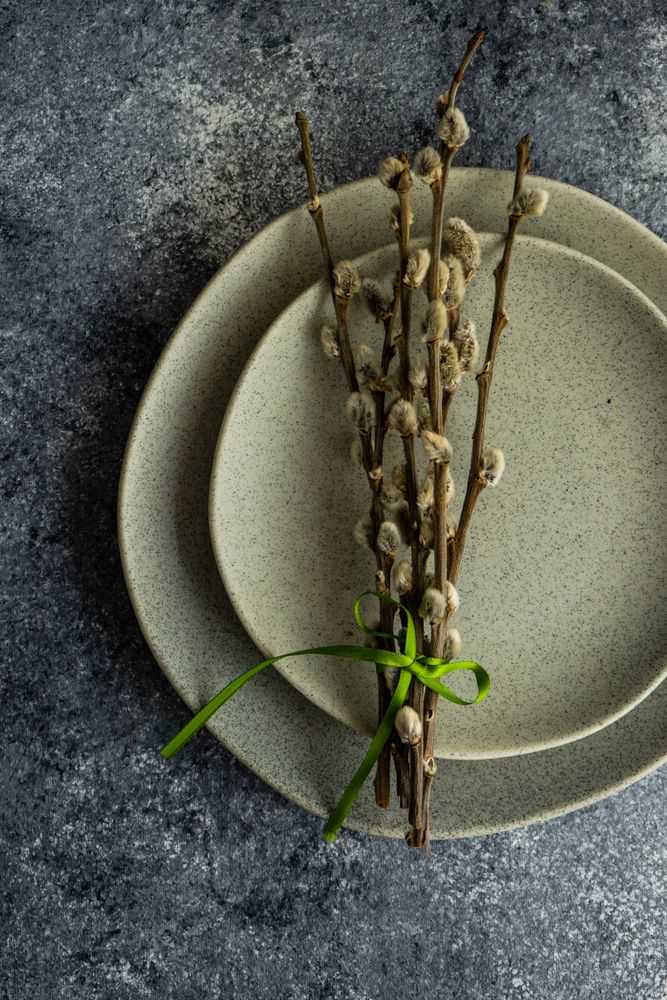 Easter card concept with pussy willow on ceramic grey plates on counter