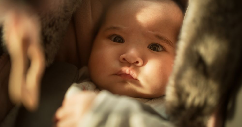Close Up of an Adorable Baby Under Warm Sunlight: Portrait of a Cute Asian Baby Resting in a Crib