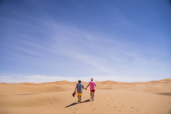 Anonymous gay couple walking in desert