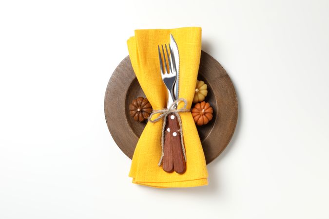 Concept of Thanksgiving day, Autumn table setting, top view