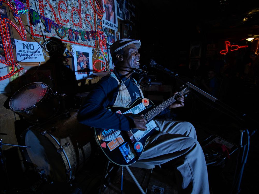 Jazzman Terry "Harmonica" Bean performs at the Club Red jazz club in Clarksdale, Mississippi