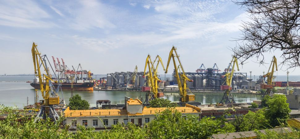 Yellow cranes by the Black sea at the Odessa seaport in Ukraine