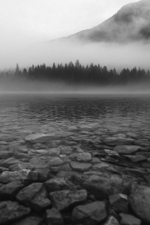 Misty lake and forest at the foot of the mountain